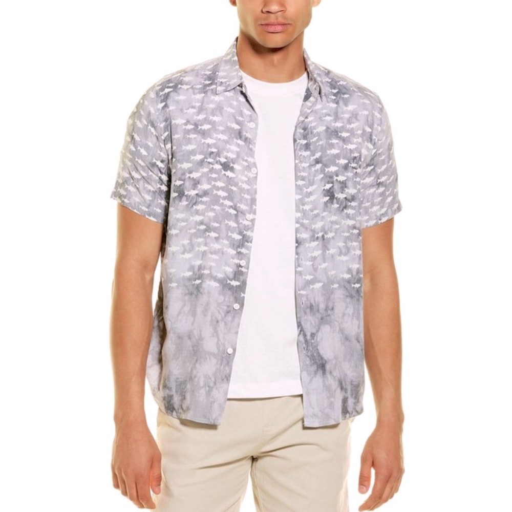 🆕 MENS SHORT SLEEVE RAYON BUTTON FRONT SHIRT W/ FISH